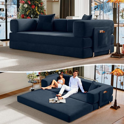 78.8" Convertible Futon Sofa Bed,Corduroy Futon Couch with Storage Pocket,Folding Pull Out Sofa,No Assembly Boneless Couch for Living Room,Navy