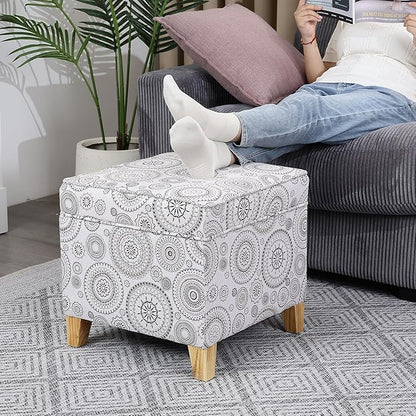 Adeco 17" Square Ottoman with Storage, Small Mandala-Persian Flower Pattern Storage Ottoman Foot Rest with Hinged Lid & Solid Wood Legs, Linen Fabric Foot Stool for Living Room & Bedroom