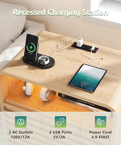 22.4"W Fluted Night Stand with 2 Drawers and Opening Shelf, RGB Nightstand with Charging Station, Wooden Bedside Table with Solid Wood Legs, End Table for Bedroom, Curved Profile Design, Natural Oak