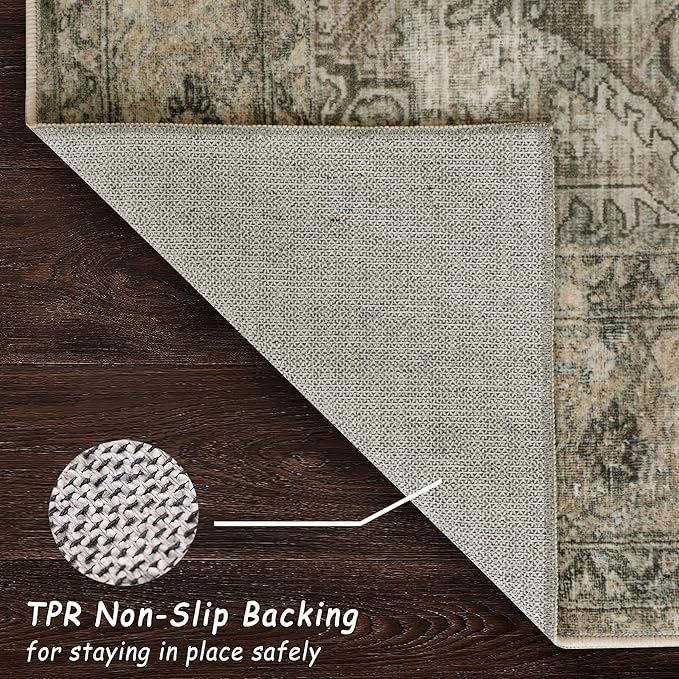 vivorug 5x7 Area Rugs - Ultra-Thin Washable Rug with Non-Slip Backing, Ideal for Living Room, Bedroom, Kitchen Floor Carpet - Vintage, Easy Clean, Durable, Olive