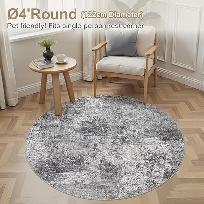 4ft Round Area Rug Living Room Rugs - 4x4 Washable Large Soft Indoor Neutral Modern Abstract Low Pile Rug Carpet for Bedroom Dining Room Farmhouse Home Office - Grey