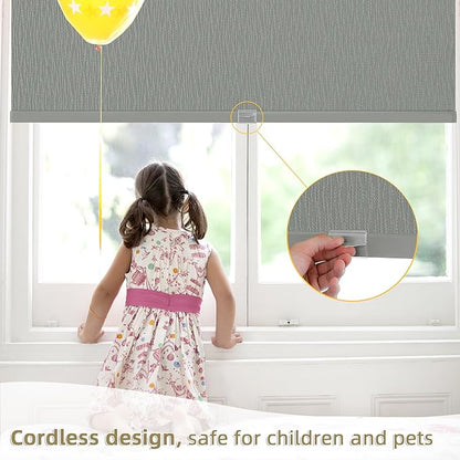 ChrisDowa Cordless Blackout Roller Shades for Windows, Striped Free-Stop Window Blinds with Privacy, Thermal Insulated Window Shades for Home, Office and Door. Grey, 30" W x 72" H
