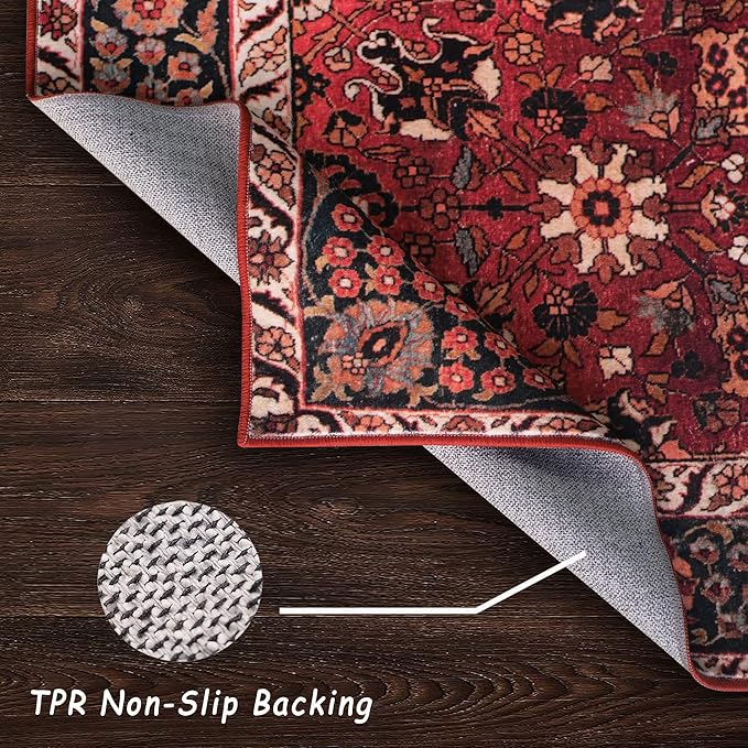 vivorug Washable Rug, Ultra Soft Area Rug 5x7, Non Slip Throw Rug, Stain Resistant Rugs for Living Room Bedroom Kitchen, Vintage Floral (Cherry Red/Spice, 5'x7')