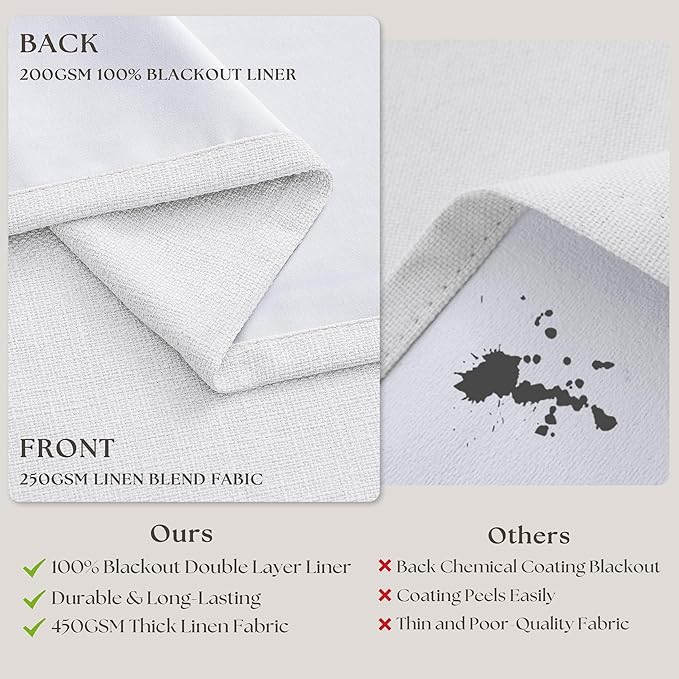 White Pinch Pleated Blackout Linen Curtains 120 Inches Long for Living Room Bedroom 2 Panels Room Darkening Thermal Insulated Neutral Pure White Farmhouse 100% Black Out Window Curtain Drape 120 Inch