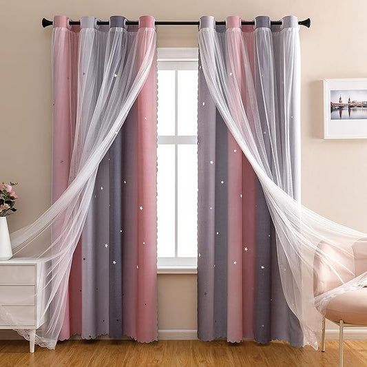 XiDi Dream Star Blackout Curtains for Kids Rooms Girl Princess Curtain for Daughter Bedroom Window (Pink Grey, W52 X L96)