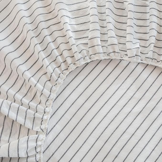 MooMee Fitted Bottom Sheet Only 100% Washed Cotton Linen Like Textured Breathable Durable Soft Comfy Deep Pocket Fits Mattress up to 17" (White Dark Grey Wide Stripes, Queen)