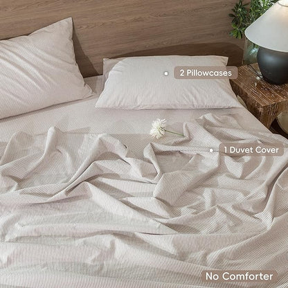 MooMee Striped Duvet Cover Set 100% Washed Cotton Linen Like Textured Breathable Durable Soft Comfy (Orange Pinstripes, Full 80"x90")