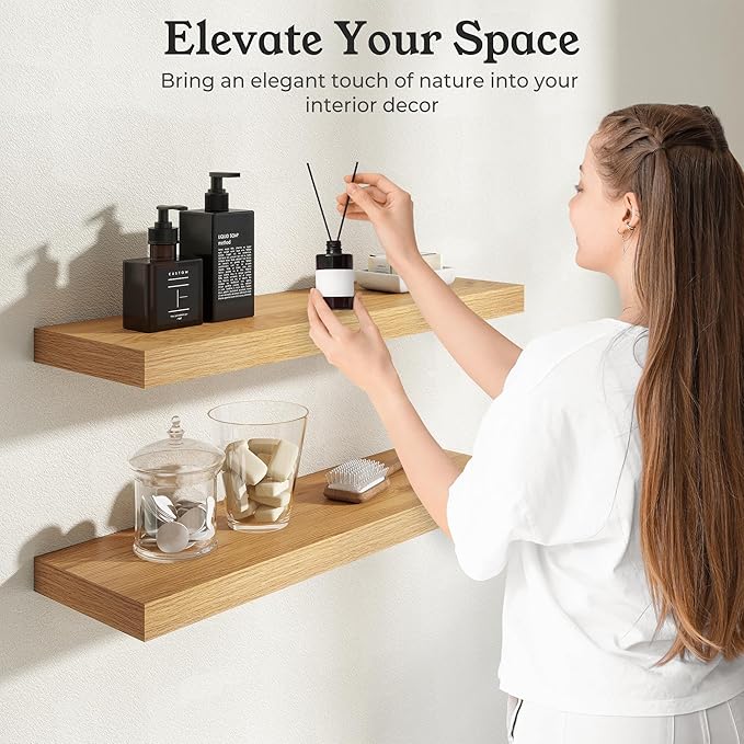 Floating Shelves for Wall, 9.3" Deep Wall Mounted Wood Shelves for Bathroom, Bedroom, Living Room, Kitchen, Hanging Shelf for Books/Storage/Room Decor (Oak, 48")