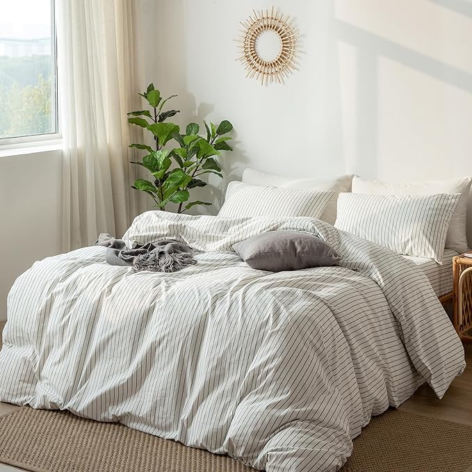 MooMee Striped Duvet Cover Set 100% Washed Cotton Linen Like Textured Breathable Durable Soft Comfy (White Dark Grey Wide Stripes, Cal King 104"x98")