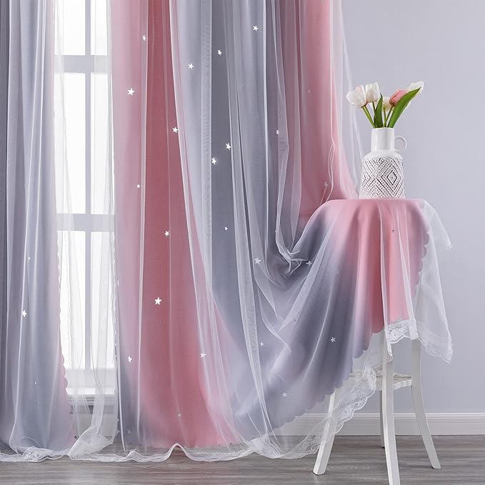XiDi Curtains for Bedroom Decor, Rainbow Pink-Grey-34-96