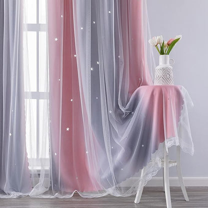 XiDi Curtains for Bedroom Decor, Rainbow Pink-Grey-34-96