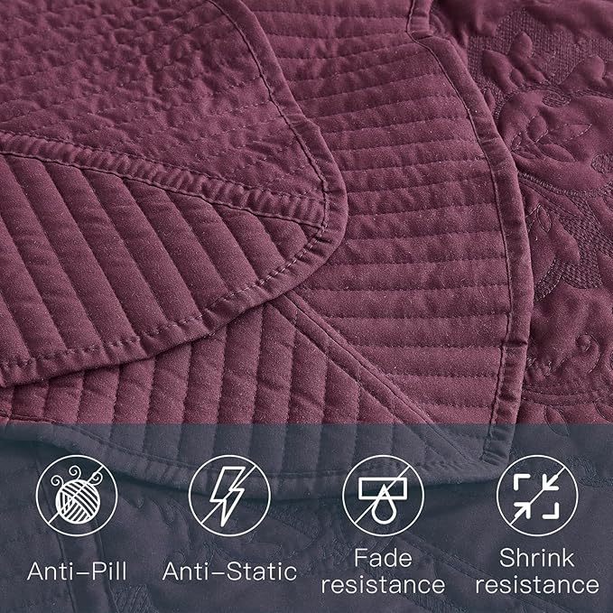 CHIXIN Bedspread Coverlet Set Queen Size - Lightweight Bedding Cover - Beautiful Stitching - 5 Piece Reversible Bedspread - Gorgeous Damask Paisley Pattern (Queen, Purple)