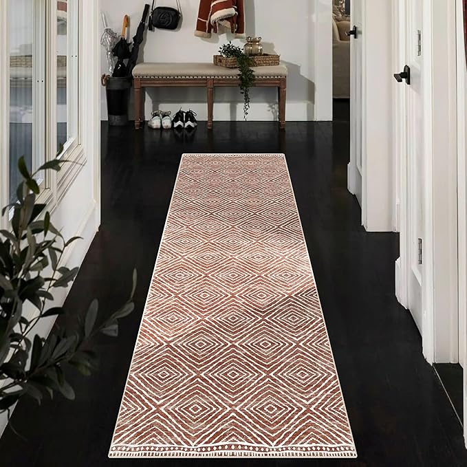 Runner Rug 2x10 Machine Washable Rug with Non-Slip Backing, Ideal for Kitchen Hallway Entryway Laundry Room - Western Style, Durable, Easy Clean, Low Pile Carpet Runner, Brown Red