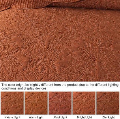 HoneiLife Embroidered Quilt King Size - 3 Pieces Microfiber Quilt Sets Lightweight Bedspreads Reversible Coverlets Retro Bed Cover Paisley Pattern Bedding Set All Season Quilts-Rust