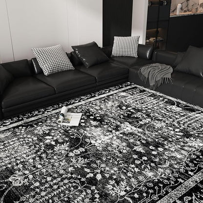 8x10 Area Rugs, Machine Washable Rugs for Living Room Modern Abstract Rug Soft Non-Skid Thin Carpet Indoor Floor Non-Shedding Carpets for Bedroom | Black
