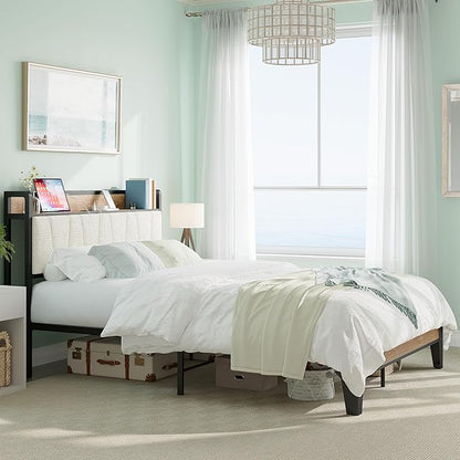 LIKIMIO Queen Bed Frames, Storage Headboard with Charging Station, Solid and Stable, Noise Free, No Box Spring Needed, Easy Assembly, Wood and Cream