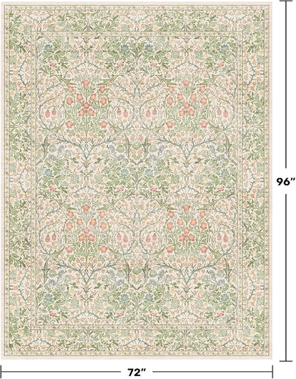 Light Beige Green Living Room Rug, 6x8 Washable Area Rug for Kids Room, Bedroom, Nursery Room, Living Room, Dining Room, Low Pile Non-Slip - Vintage Design & Stain Resistance