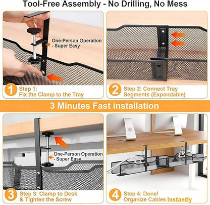No Drill Under Desk Cable Management Tray, Extended-Length Metal Mesh Wire Organizer with Heavy Duty Clamp Mount for Home Office Standing Desk - Damage Free Cord Organization Solution