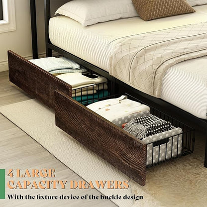 AMERLIFE Queen Size Bed Frame with Bookcase Headboard, 4 Storage Drawers, Wooden Platform Bed with Charging Station & LED Light, No Box Spring Needed, Noise-Free, Rustic Brown