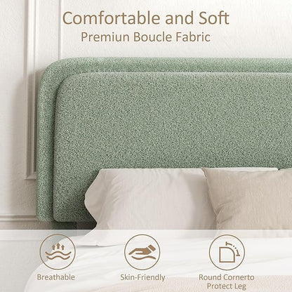 King Size Platform Bed Frame with Headboard, Boucle Upholstered Desige, Anti-Collision Corners, Soft Rounded Corners, No Box Spring Required, Easy Assembly, Noise Free