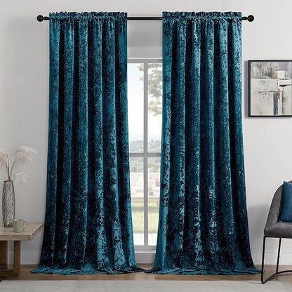 SMILETIME Tranquil Blue Crushed Velvet Curtains 52x84inch Rod Pocket Luxurious Thermal Insulated Soundproof Drapes Soft and Durable Light-Filtering Window Treatments for Living Room Bedroom, 2 Panels