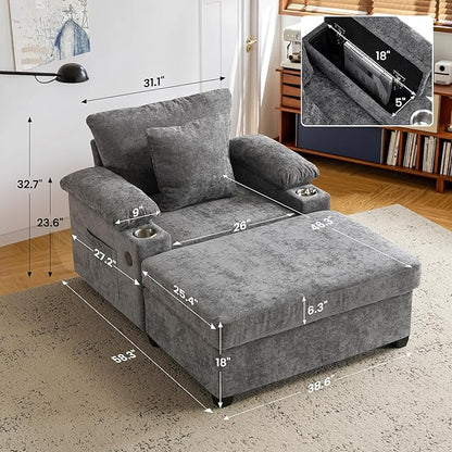 SUNWAVE 58" Chaise Lounge Chair with Ottoman, Chenille Fabric Sofa Bed, Accent Chair with Cupholders & USB Charging Ports for Living Room, Bedroom, Apartment (1 Chaise Misty Gray)