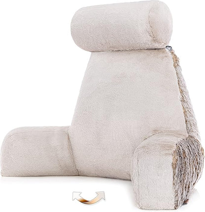 Husband Pillow XXL Ultra Rare Baby Chinchilla Backrest, Two-Tone Reversible Double Sided Fabulous Faux Fur Reading & Bed Rest Pillow with Arms & Neck Roll, Adjustable Memory Foam - Extremely Comfy