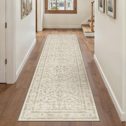 Taupe 2x8 Runner Rug Vintage Area Carpet Hallway Indoor Kitchen Washable Low Pile Traditional Distressed Retro Accent Throw Rug Non Slip for Laundry Bathroom Office