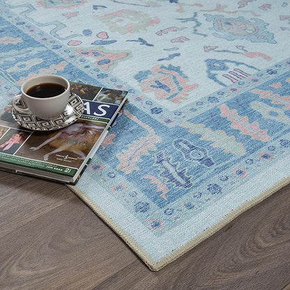 Fame Rugs Blue Modern Oushak Rug 2x3, Vintage Doormat Turkish Colorful Oriental Antique Inspired Washable Small Area Rug, Luxury Living Room Bedroom (995BB, 2' x 3')
