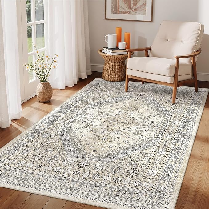 zesthome 4x6 Rug - Stain Resistant Washable Rug, Anti Slip Backing Rugs for Living Room, Foldable Vintage Small Area Rugs ((Beige,4'x6')