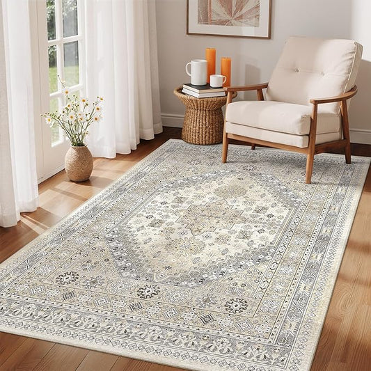 zesthome 4x6 Rug - Stain Resistant Washable Rug, Anti Slip Backing Rugs for Living Room, Foldable Vintage Small Area Rugs ((Beige,4'x6')