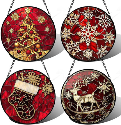 Stained Glass Window Hanging 4 Pcs Set Red Christmas Elk Snowflakes Large 15" - Deer Suncatcher Door Garden Sun Catcher Decor Birthday for Mom Woman Nana Men Friend