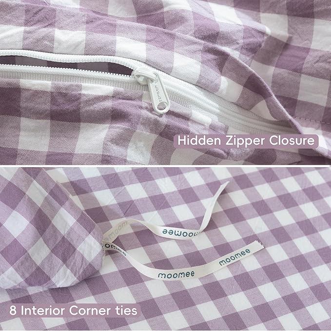 MooMee Gingham Duvet Cover Set 100% Washed Cotton Linen Like Textured Breathable Durable Soft Comfy Modern Checkered Design (Classic Gingham Light Purple, Palatial King/Oversized King 120"x98")