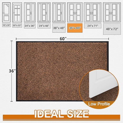 Mibao Front Door Mat, Dirt Trapper Welcome Mat for Outdoor Indoor, Non-Slip Waterproof Doormat, Durable Machine Washable Low Profile Entry Rug for Back Door Outside Patio Porch, 60" x 36", Brown