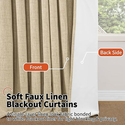 Faux 100% Blackout Curtains for Bedroom 63 Inch Length 2 Panels, Thermal Insulated Total Light Blocking Noise Reducing Linen Window Curtains for Nursery, Bronze Grommet, Each 52" Wide, Burlap