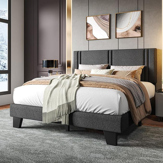 Upholstered Full Size Bed Frame with Linen Fabric Headboard, Strong Wooden Slats Support, Noise Free, No Box Spring Needed, Dark Grey