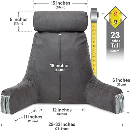 Husband Pillow Medium Aspen Edition Iron Grey, Sit Up Reading & Bed Rest with Arms, Ultra-Comfy, Detach Neck Roll - Premium Shredded Memory Foam Backrest, Reverses to Micro: Suede or Plush
