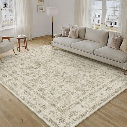 Taupe 6x9 Area Rug Vintage Washable Living Room Carpet Non Slip Bedroom Indoor Office Low Pile Large Traditional Distressed Retro Accent Rug for Dining Room Bathroom Kitchen