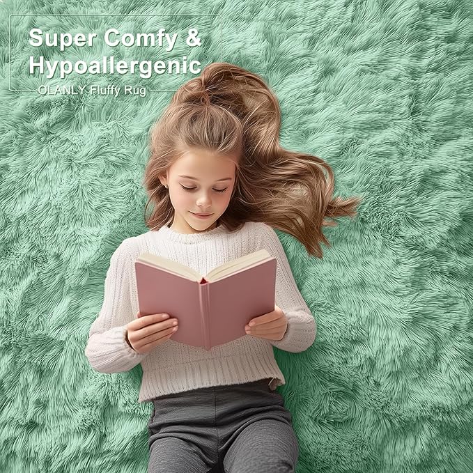 OLANLY 5x8 Machine Washable Large Area Rugs for Living Room, Bedroom, Soft Fluffy Shaggy Bedside Rug, Indoor Floor Carpet for Kids Girls and Boys, Dorms, Nursery, Home Decor Aesthetic, Mint Green