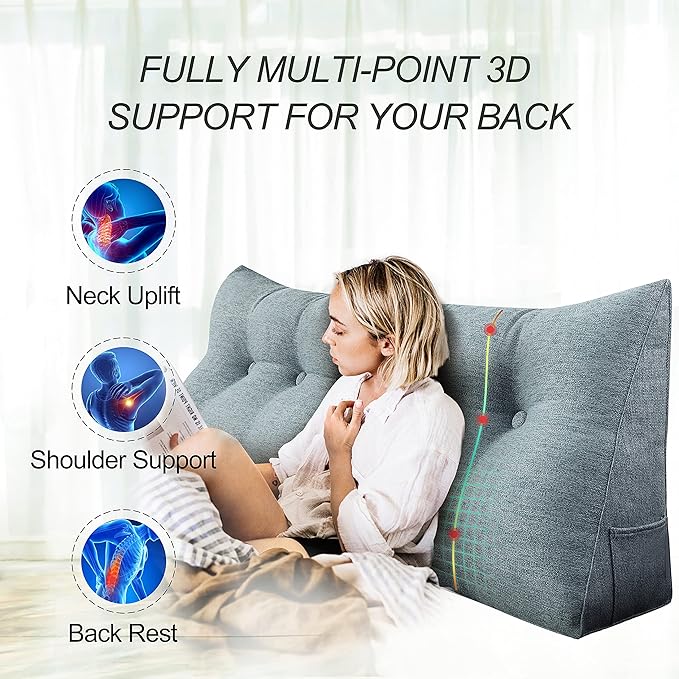 homecozy Wedge Headboard Pillow Dorm Room Reading Pillow Back Support for Sitting Up in Bed Bolster Lumbar Cushion Body Positioning Bedrest Gifts for Mom Cotton Linen 59in Gray Queen