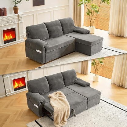 VINGLI Convertible Sofa Bed Couches for Living Room, Sleeper Sofa with Pull Out Couch Bed, Cloud-Like Plush Fleece L-Shape Sectional Couch with Storage Chaise, USB Charging, Side Pockets (Black)