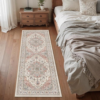 2x6 Vintage Runner Rug Low Pile Runners Non-Slip Machine Washable Rug Retro Distressed Print Lightweight Carpet for Hallway Kitchen Living Room Bedroom Laundry Room
