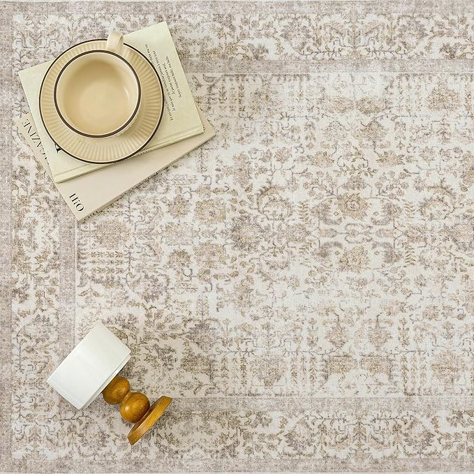 Light Brown Runner Rug 2'6"x12' Washable Carpet for Hallway Kitchen Vintage Distressed Non Slip Indoor Retro Floral Bedroom Accent Throw Long Rug Bathroom Office Laundry Dining Living Room