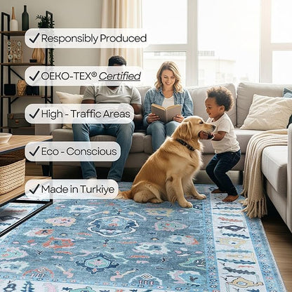 Fame Rugs Teal Modern Oushak Rug 2x3, Vintage Doormat Turkish Colorful Oriental Antique Inspired Washable Small Area Rug, Luxury Living Room Bedroom (995T, 2' x 3')