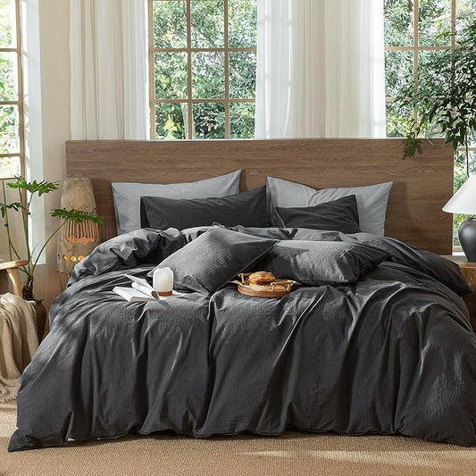 MooMee Wavy Striped Duvet Cover Set 100% Washed Cotton Linen Like Textured Breathable Durable Soft Comfy (Charocal Grey, Queen 90"x90")