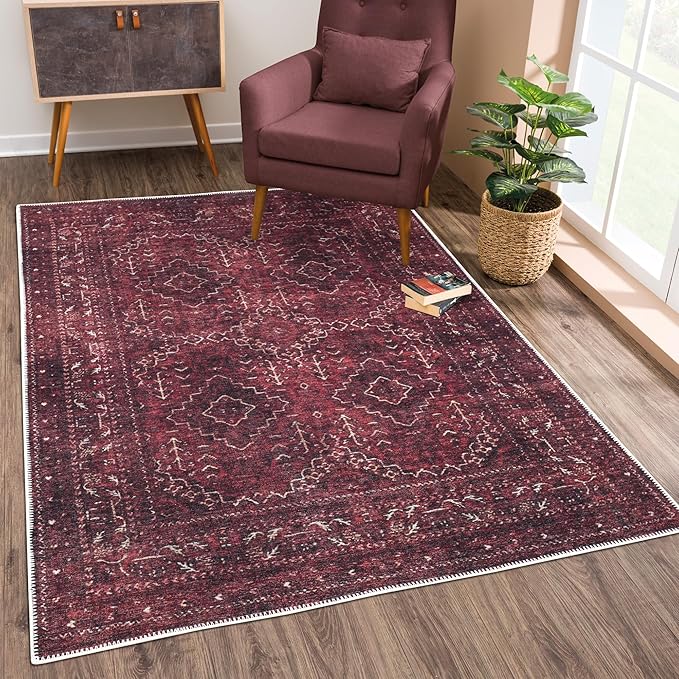 Bloom Rugs Washable Non-Slip 8' x 10' Rug - Dark Red Traditional Bordered Area Rug for Living Room, Bedroom, Dining Room, and Kitchen - Exact Size: 8' x 10'