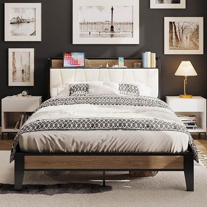 LIKIMIO Full XL Bed Frames, Storage Headboard with Charging Station, Solid and Stable, Noise Free, No Box Spring Needed, Easy Assembly, Wood and Cream