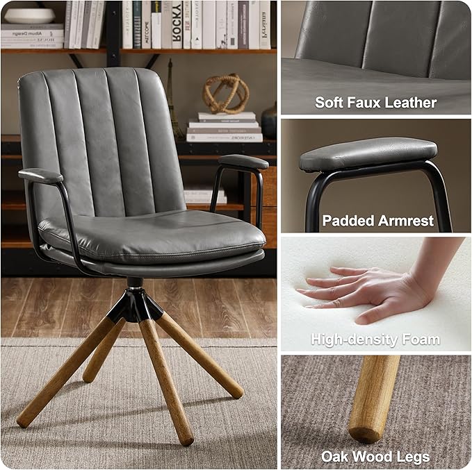 Art Leon Desk Chair No Wheels, Set of 2, Mid Century Modern Swivel Chair with Oak Wood Legs, Faux Leather Home Office Desk Chairs for Bedroom Living Room, Gray