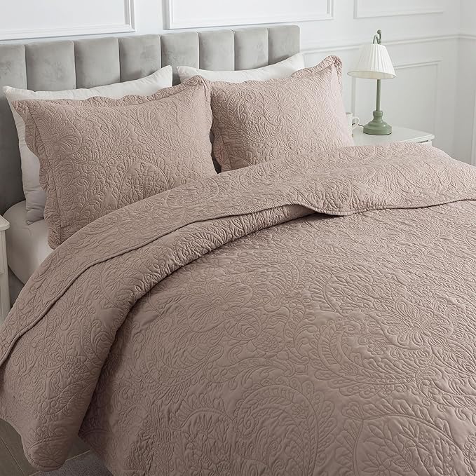 HoneiLife Queen Quilt Bedding Set - Microfiber Quilt Sets for Queen Bed, 3-Piece Lightweight Bedspreads,Reversible Coverlets Rustic Bedlinen Sets, Floral Bedding Set All Season Quilts-Dark Khaki