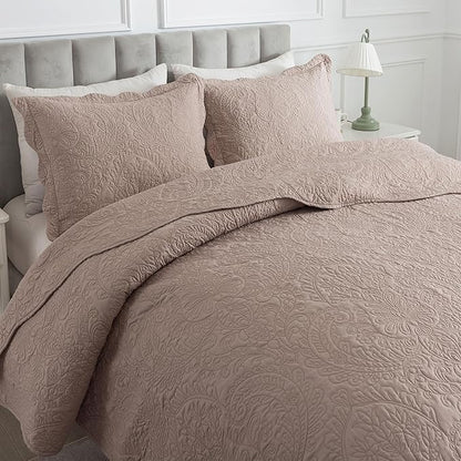 HoneiLife Queen Quilt Bedding Set - Microfiber Quilt Sets for Queen Bed, 3-Piece Lightweight Bedspreads,Reversible Coverlets Rustic Bedlinen Sets, Floral Bedding Set All Season Quilts-Dark Khaki